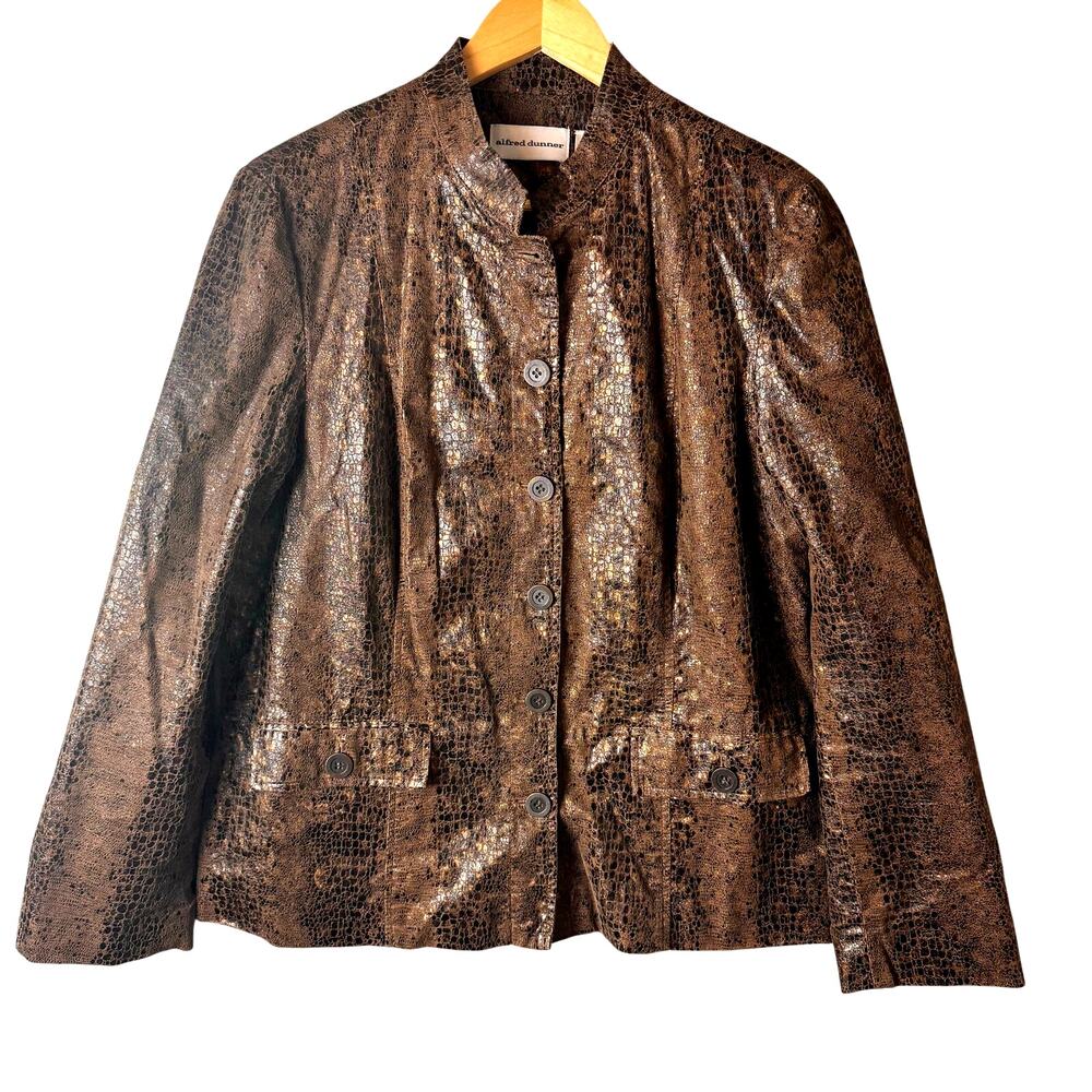 Alfred Dunner Snakeskin Print Jacket Womens Sz 12 Brown Faux Leather Funnel Neck